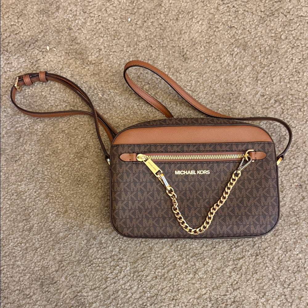 Michael Kors Brown & Tan Signature Crossbody with Gold Chain Detail